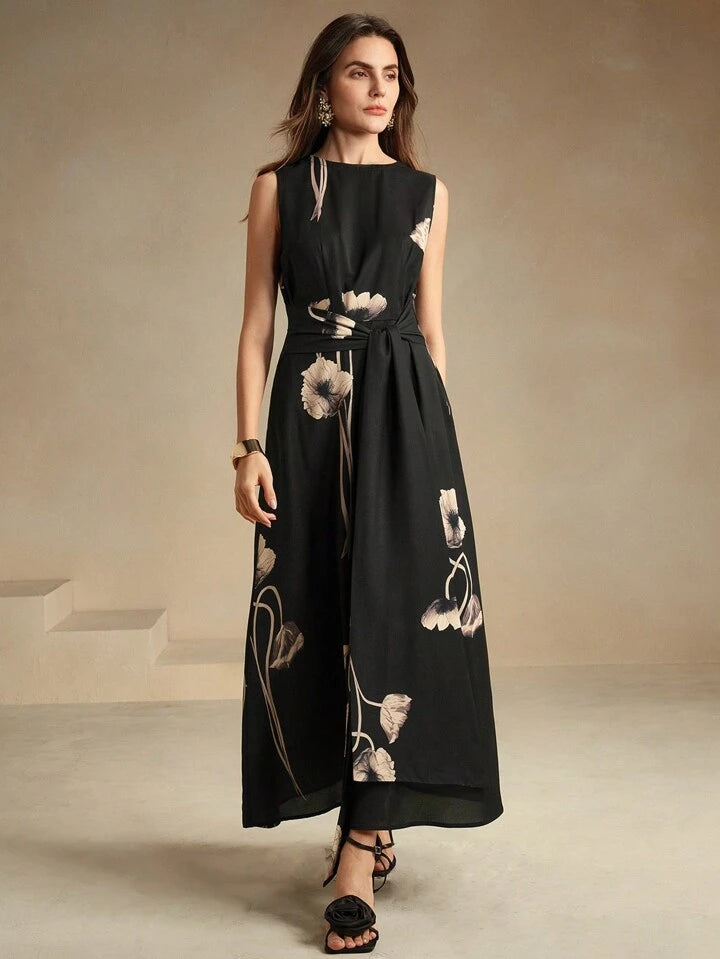 CM-DS243293 Women Elegant Seoul Style Round Neck Sleeveless Floral Printed A-Line Maxi Dress - Black
