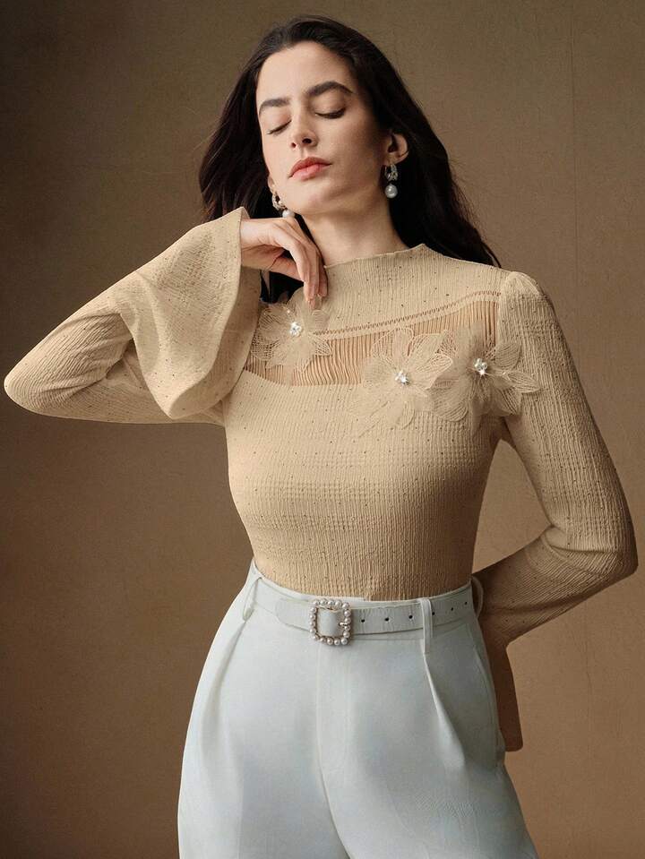 CM-TS240724 Women Elegant Seoul Style Floral Appliques Stand Collar Extra Long Flared Sleeve Blouse - Khaki