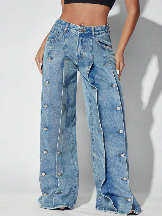 CM-BS439523 Women Casual Seoul Style Low Waist Loose Side Pocket Wide Leg Denim Jeans - Blue