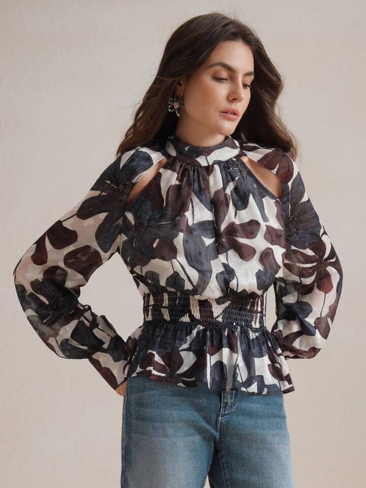 CM-TS475554 Women Elegant Seoul Style Stand Collar Long Sleeve Hollow-Out Fitted Floral Print Blouse