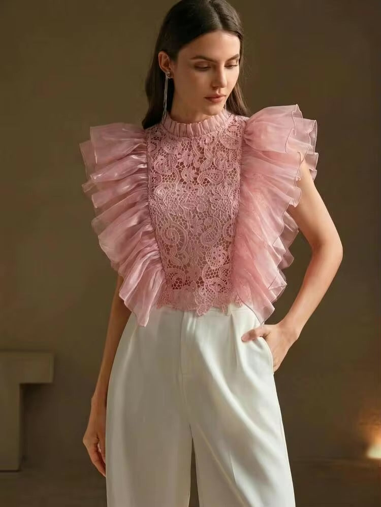 CM-TS427440 Women Elegant Seoul Style Stand Collar Sleeveless Layered Exaggerated Ruffle Blouse - Pink