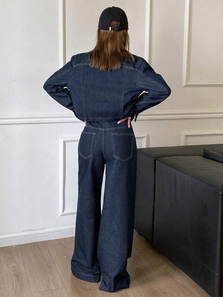 CM-SS742415 Women Casual Seoul Style Round Neck Long Sleeve Pocket Denim Top With Pants - Set