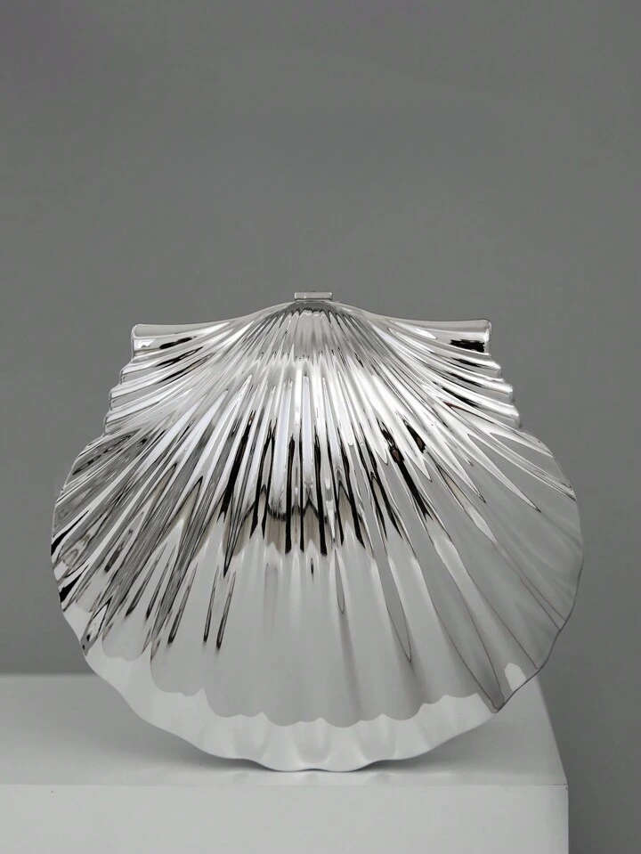 CM-BGS357177 Women Trendy Seoul Style Pearl Shell Chain Kiss Lock Handbag - Silver