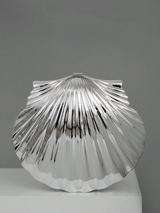 CM-BGS357177 Women Trendy Seoul Style Pearl Shell Chain Kiss Lock Handbag - Silver