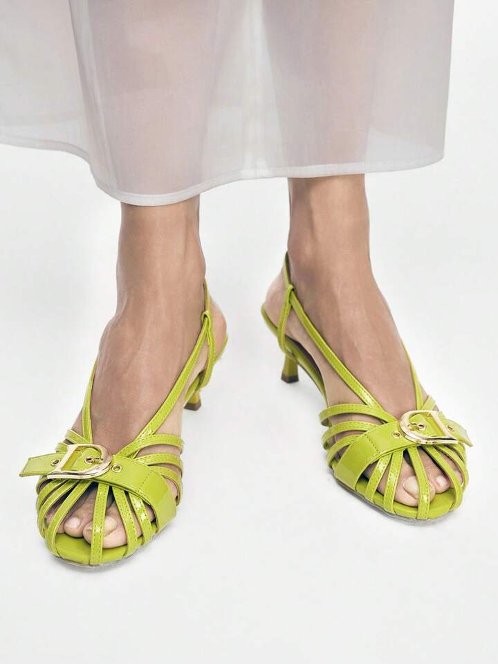 CM-SHS446705 Women Trendy Seoul Style Hollow Out Slingbacks Mid Heel Sandals - Light Green