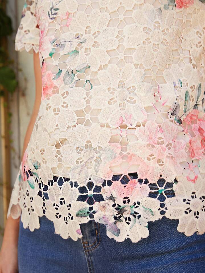 CM-TS755296 Women Trendy Bohemain Style Notched Neckline 3/4 Sleeve Color-Block Lace Printed Asymmetrical Hem Top