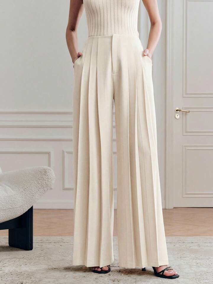 CM-BS083004 Women Elegant Seoul Style High Waist Loose Draping Wide Leg Pants - Apricot