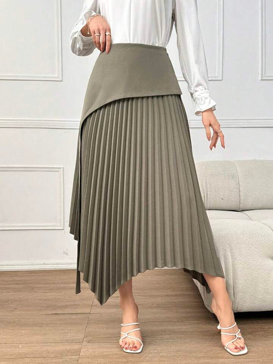 CM-BS055268 Women Elegant Seoul Style Solid Color Asymmetric Hem Pleated Skirt - Army Green