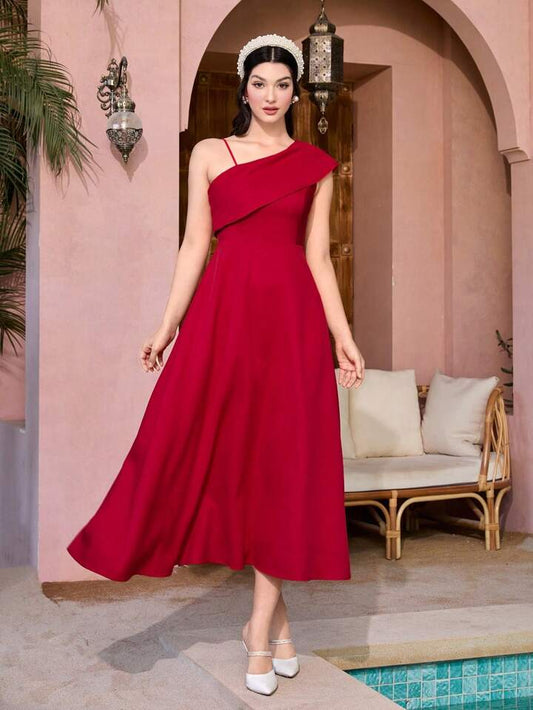 CM-DS313281 Women Elegant Seoul Style Asymmetrical Neckline Sleeveless Dress - Red