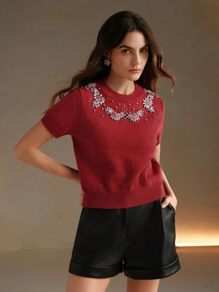 CM-TS049571 Women Casual Seoul Style Round Neck Short Sleeve Embroidered Rhinestone Embellished Knit Top - Red