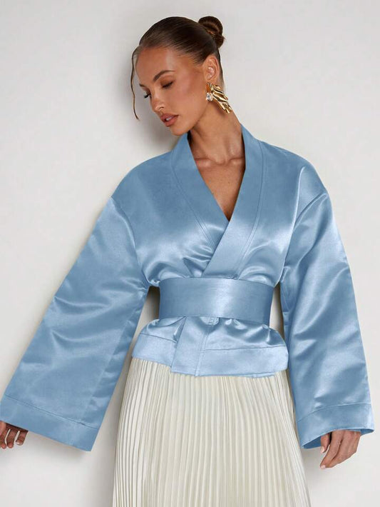 CM-TS888050 Women Elegant Seoul Style Solid Color V-Neck Wrap Flared Sleeve Blouse - Baby Blue
