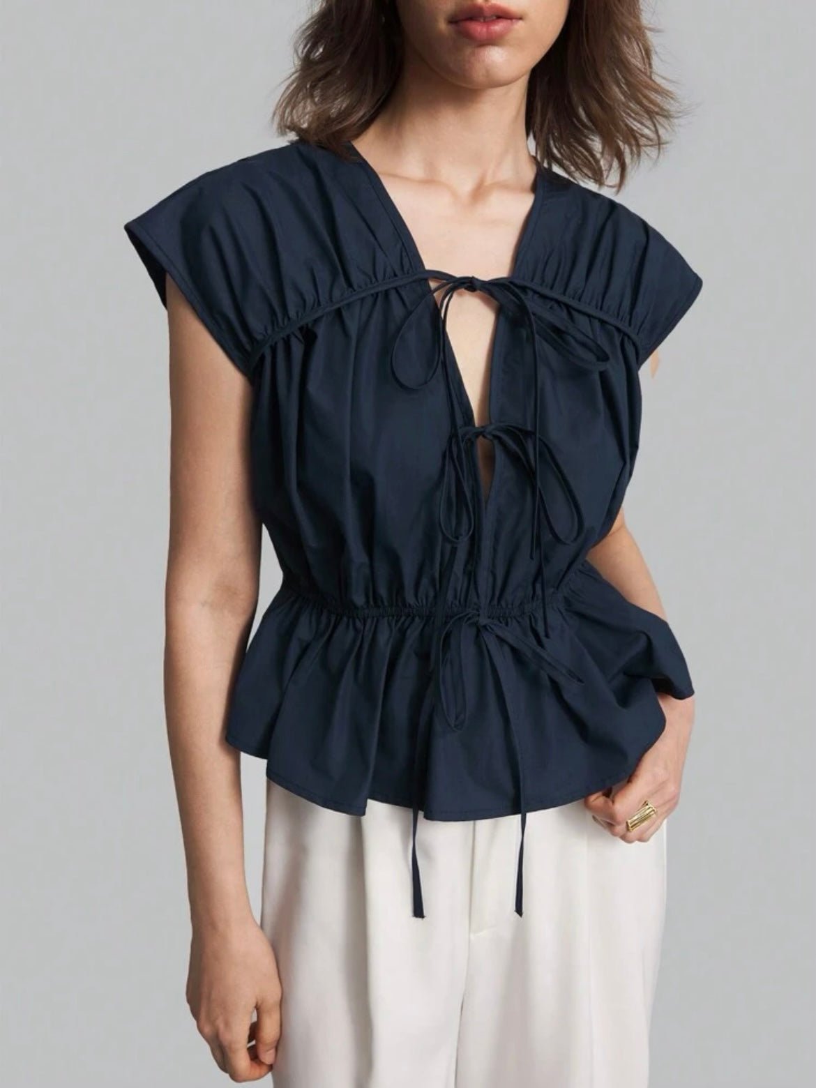 CM-TS801007 Women Casual Seoul Style Solid Color V-Neck Sleeveless Linen Shirt - Navy Blue