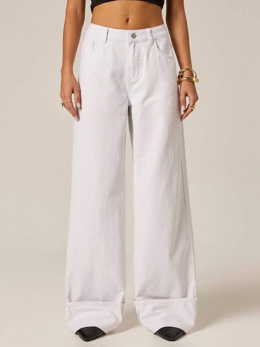 CM-BS711983 Women Casual Seoul Style Mid Waist Pocket Wide Leg Loose Denim Jeans - White