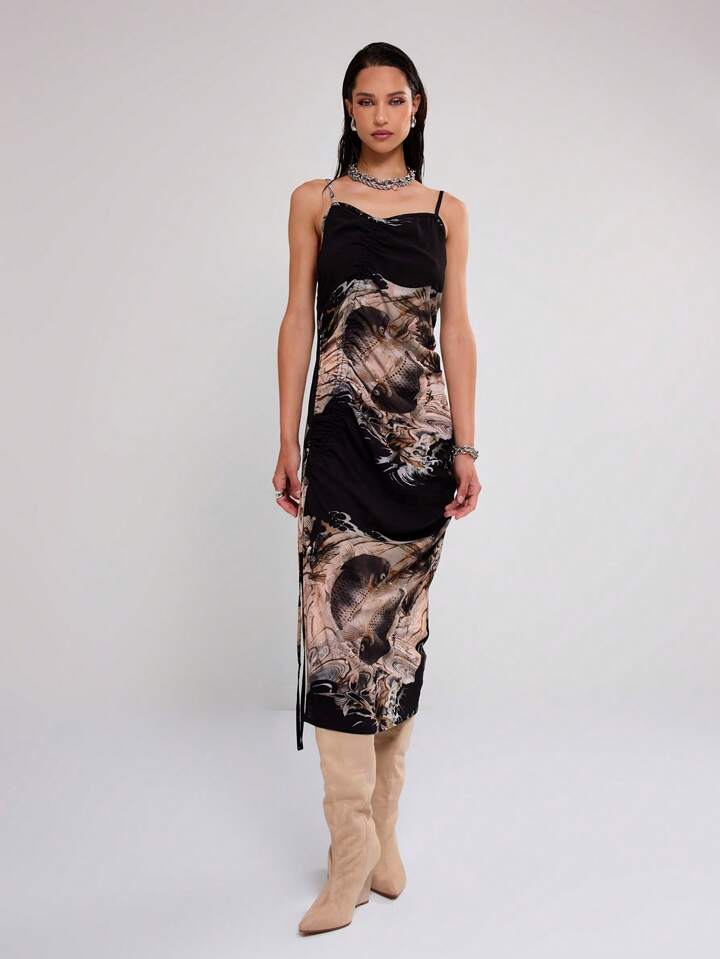 CM-DS409556 Women Casual Seoul Style Mesh Ruched Strappy Sleeveless Midi Dress