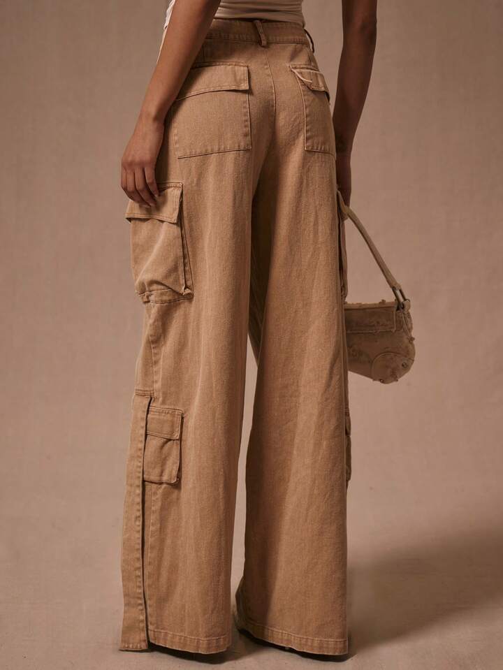 CM-BS190500 Women Casual Seoul Style Low Waist Wide Leg Cargo Trousers - Brown