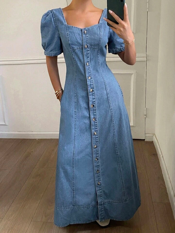 CM-DS733777 Women Casual Seoul Style Square Neck Puff Sleeve Waist Cinched Denim Dress - Blue
