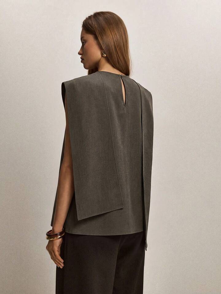 CM-TS980762 Women Elegant Seoul Style Stand Collar Sleeveless Asymmetric Hem Loose Blouse - Dark Green