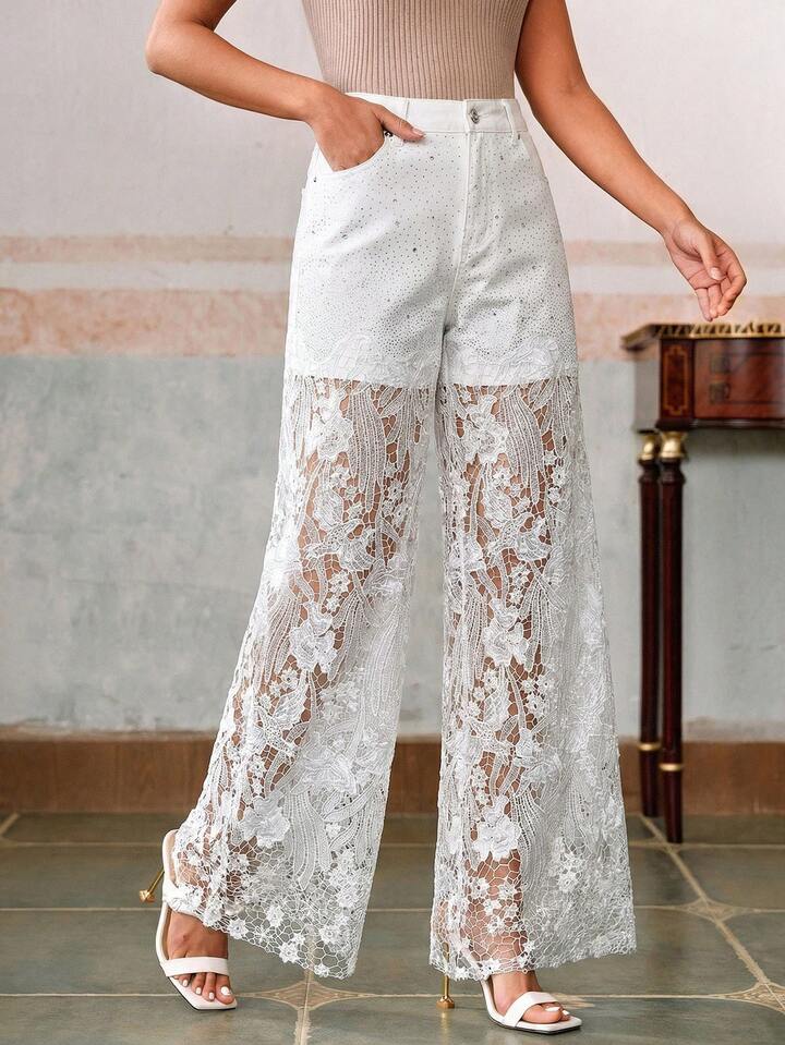 CM-BS987518 Women Elegant Seoul Style Mid Waist Lace Rhinestone Straight Leg Pants - White