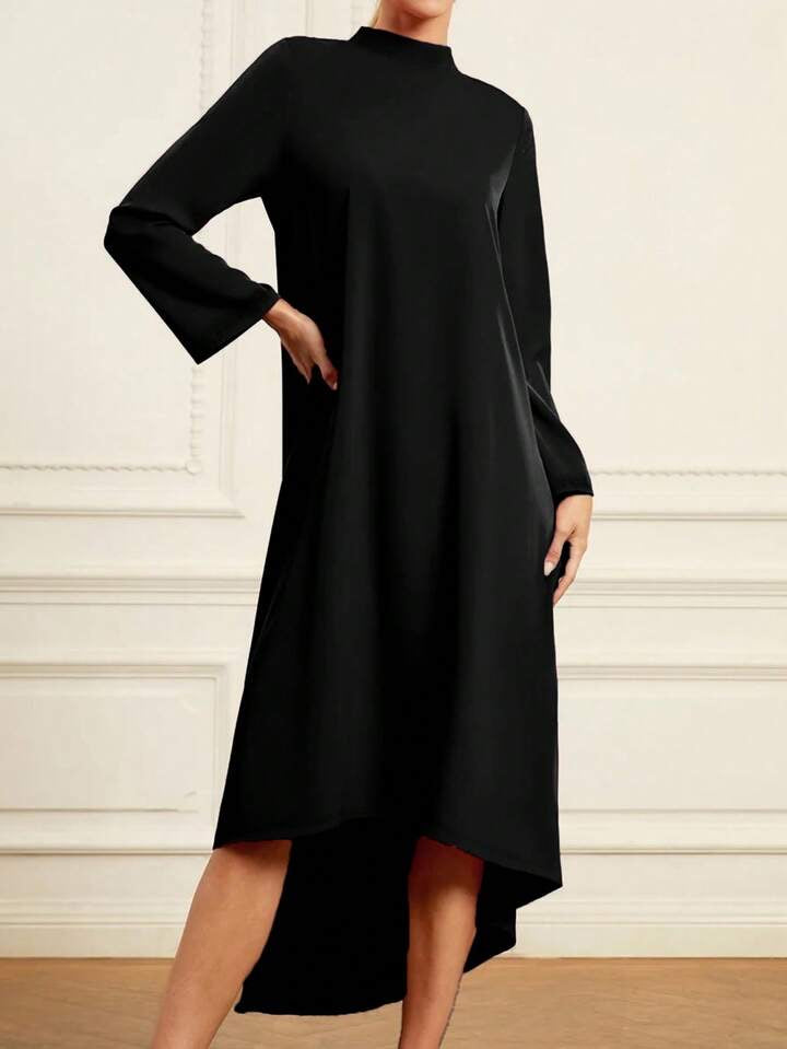 CM-DS942692 Women Elegant Seoul Style High Collar Long Sleeve Mid-Length Dress - Black