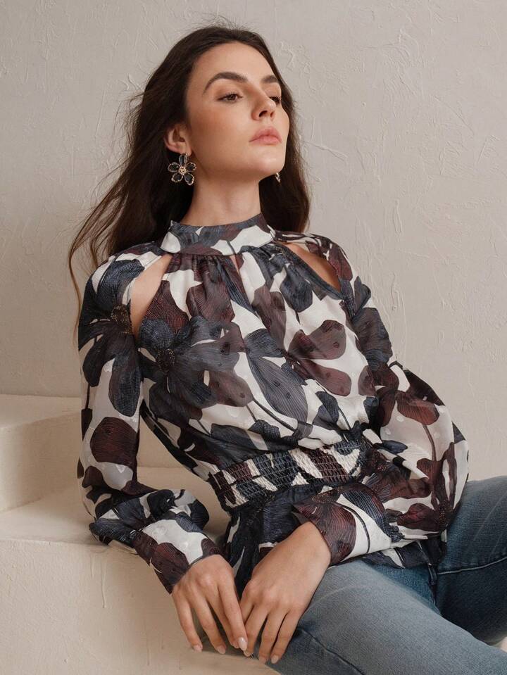 CM-TS475554 Women Elegant Seoul Style Stand Collar Long Sleeve Hollow-Out Fitted Floral Print Blouse