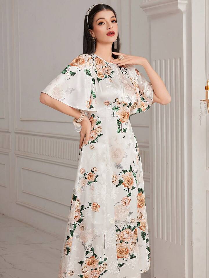 CM-DS969986 Women Elegant Seoul Style Floral Printed Butterfly Sleeve A-Line Dress