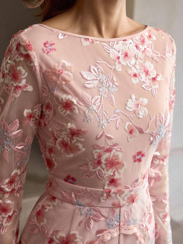 CM-JS811501 Women Elegant Seoul Style Floral Embroidery Mesh Patchwork Sequin Loose Wide Leg Jumpsuit