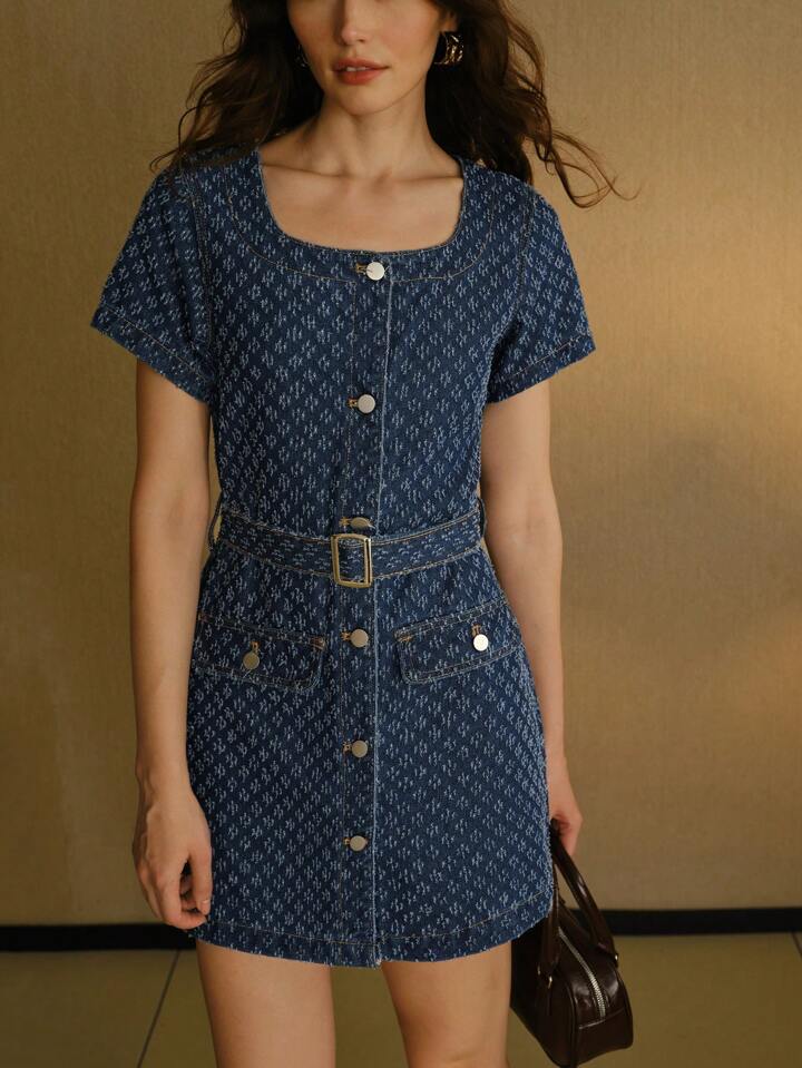 CM-DS258420 Women Casual Seoul Style Square Neck Flap Detail Buckle Belted Swiss Dot Denim Dress