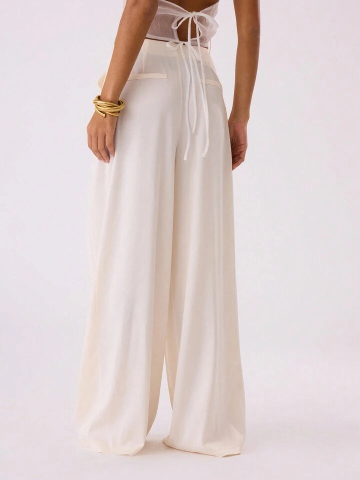 CM-BS797213 Women Casual Seoul Style High Waist Pleat Front Wide Trousers - Beige