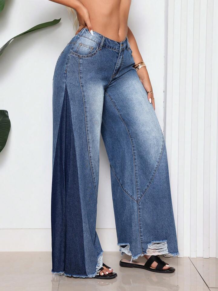 CM-BS102781 Women Casual Seoul Style Loose Fit Pocket Button Front Patchwork Denim Pants