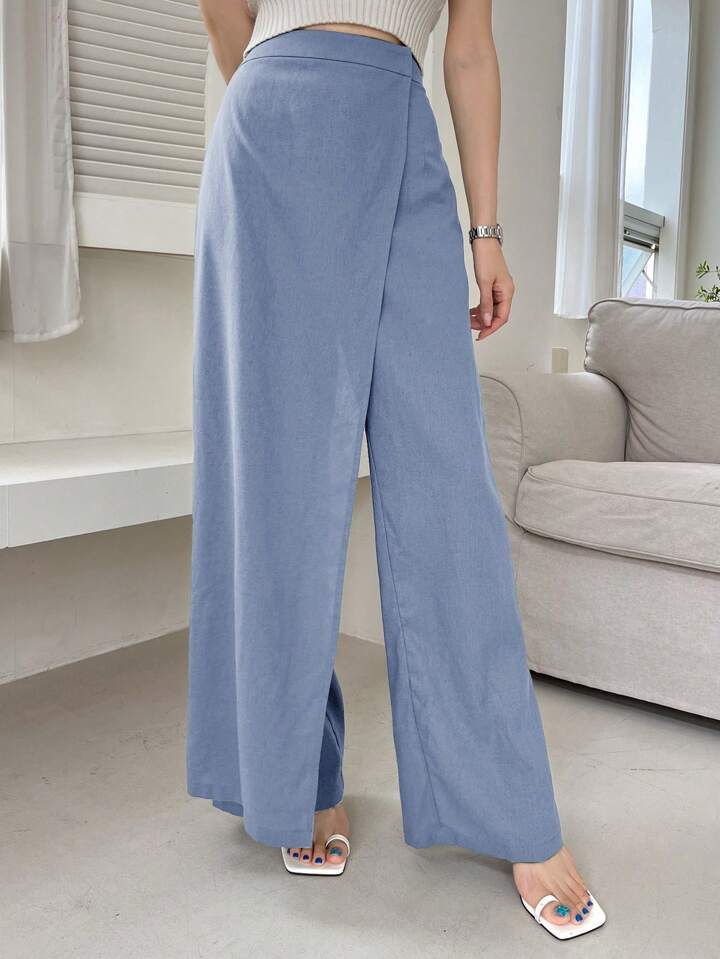 CM-BS035710 Women Casual Seoul Style Asymmetric Loose Fit Wide Leg Pants - Baby Blue