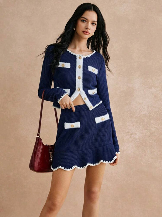 CM-SS897799 Women Elegant Seoul Style Colorblock Long Sleeve Blouse With A-Line Skirt - Set