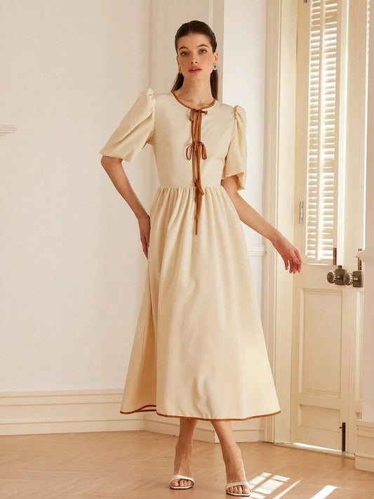CM-DS389922 Women Casual Seoul Style Bowknot Backless Short Sleeve Cinched Waist A-Line Dress