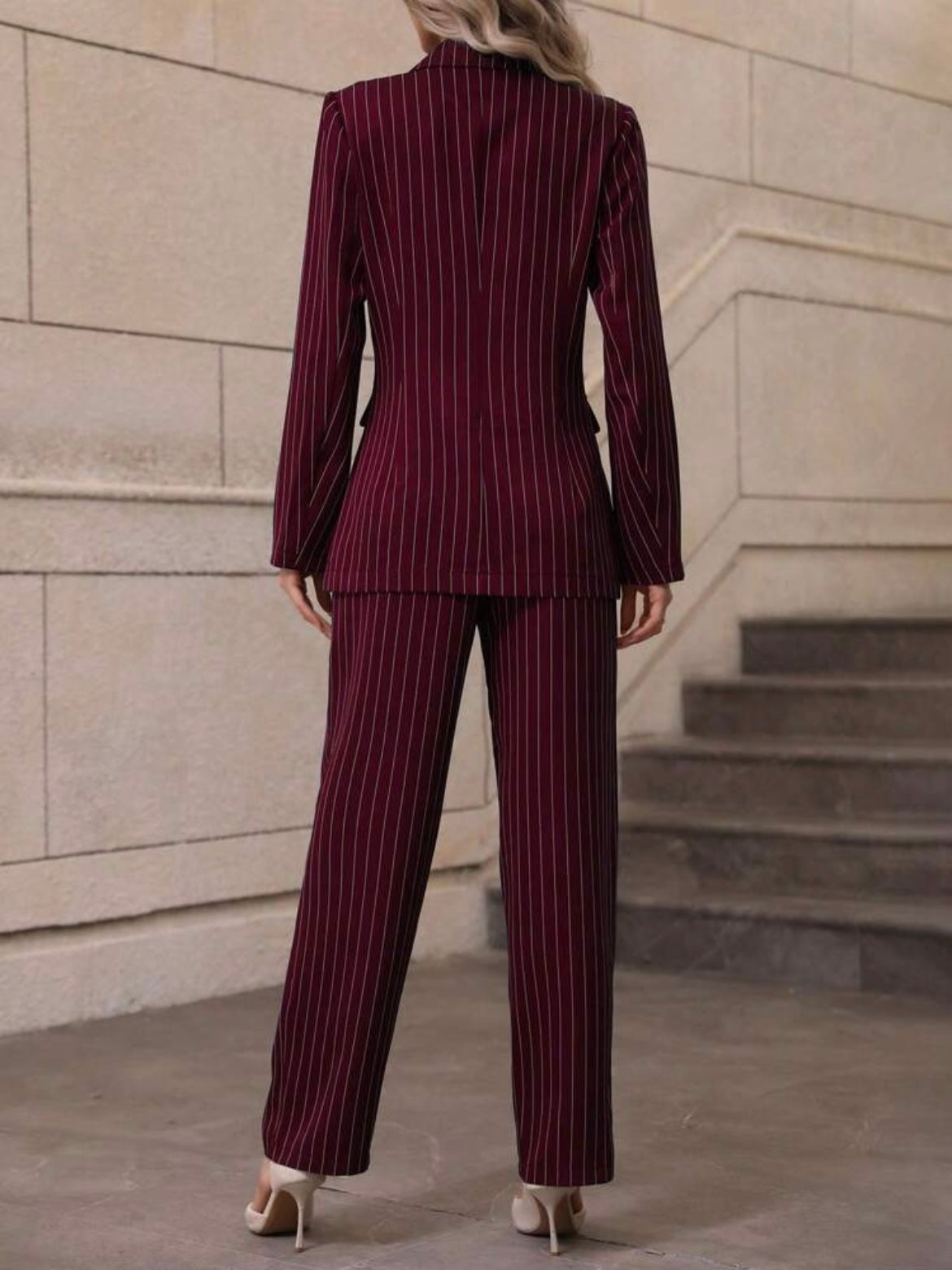 CM-SS510070 Women Elegant Seoul Style Striped Front Button Long Sleeve Blazer With Long Pants - Set