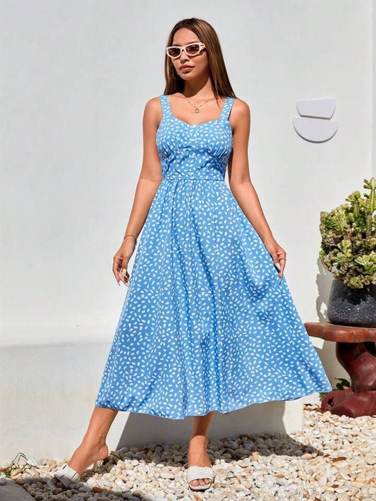 CM-DS308703 Women Casual Seoul Style Loose Fit Spotted Print Spaghetti Strap Dress - Blue