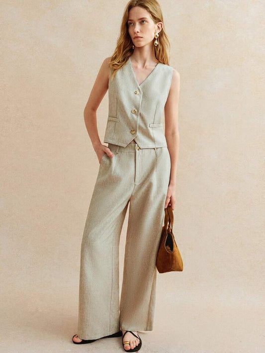 CM-SS189199 Women Elegant Seoul Style Two-Tone Sleeveless Short Vest With Wide-Leg Trousers - Set