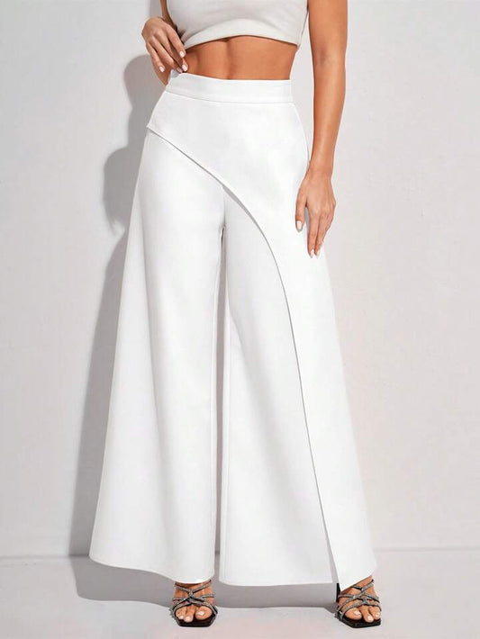 CM-BS266619 Women Elegant Seoul Style Solid Color High Waist Wide Leg Long Pants - White