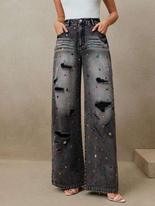CM-BS569374 Women Elegant Seoul Style Distressed Colored Rhinestone Embellished Jeans - Black