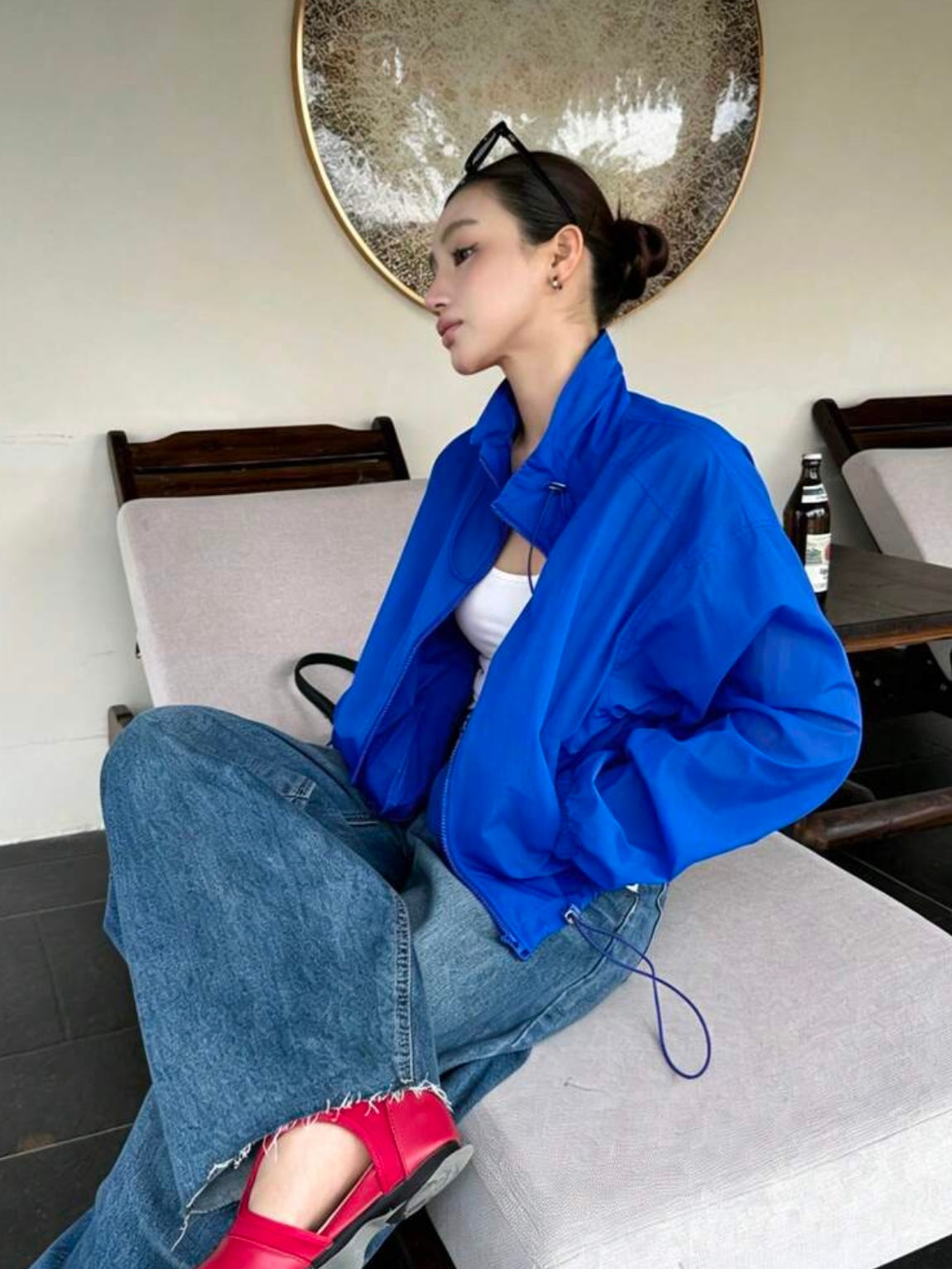 CM-CS788067 Women Casual Seoul Style Drawstring Collar Loose Fit Short Lightweight Jacket - Blue