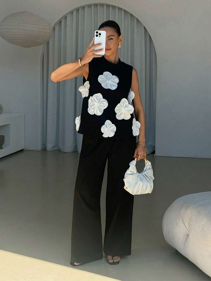 CM-SS712454 Women Elegant Seoul Style Contrast 3D Flora Round Neck Sleeveless Camisole l Top With Pants - Set