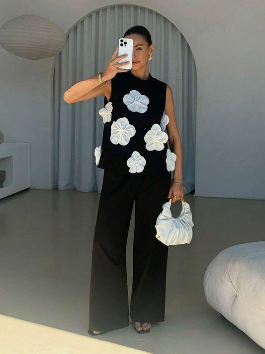 CM-SS712454 Women Elegant Seoul Style Contrast 3D Flora Round Neck Sleeveless Camisole l Top With Pants - Set