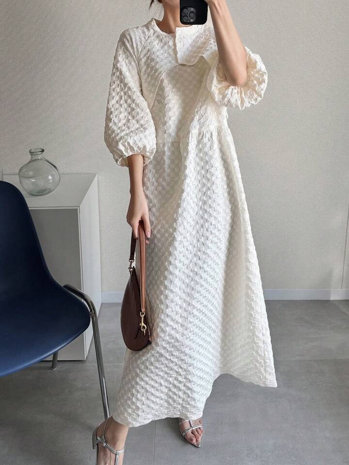 CM-DS502502 Women Casual Seoul Style Textured Stand Collar Puff Sleeve Loose A-Line Dress - Apricot