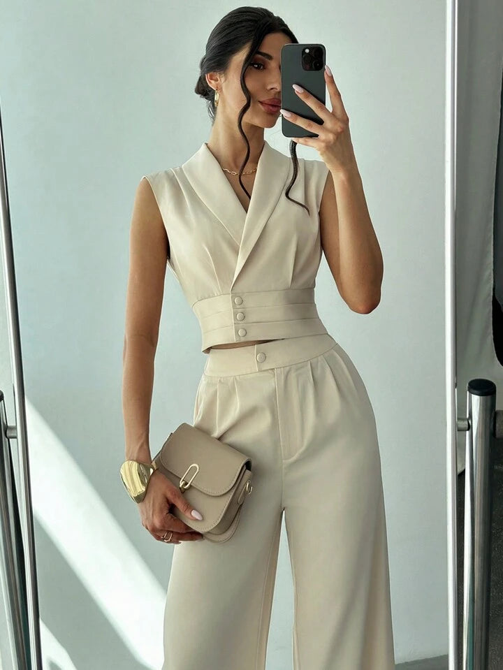 CM-SS196426 Women Elegant Seoul Style Collared Fitted Cap Sleeve Shirt With Straight-Leg Pants Suit - Apricot