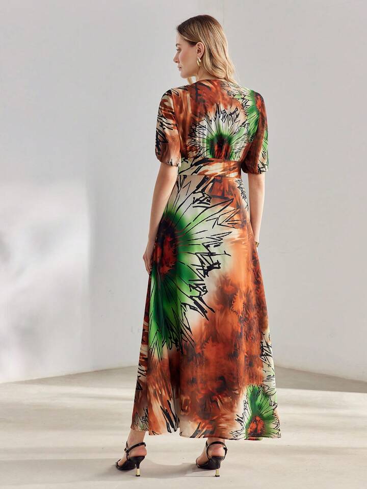 CM-DS293333 Women Elegant Seoul Style Tie-Dye Printed V-Neck Short Puff Sleeve Maxi Dress