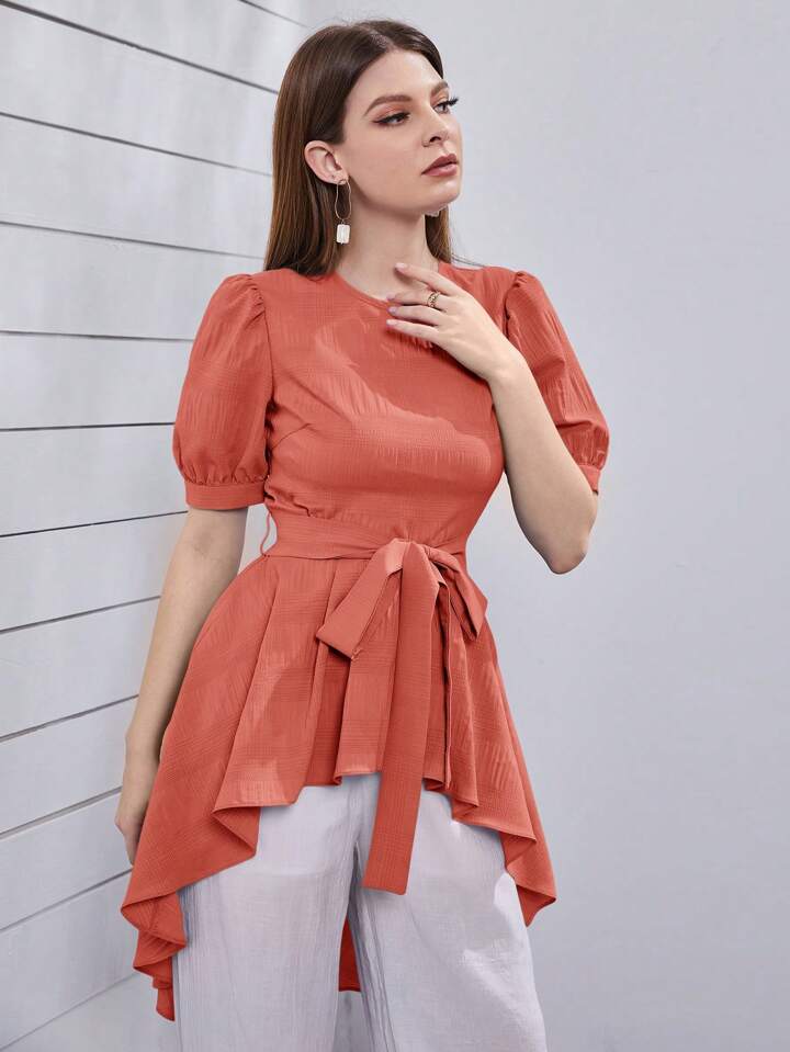 CM-TS730515 Women Casual Seoul Style Round Neck Bubble Short Sleeve Aymmetric Hem Blouse
