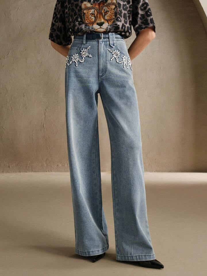 CM-BS111812 Women Casual Seoul Style Light Wash Distressed Rhinestone Embellished Belt Loop Denim Jeans
