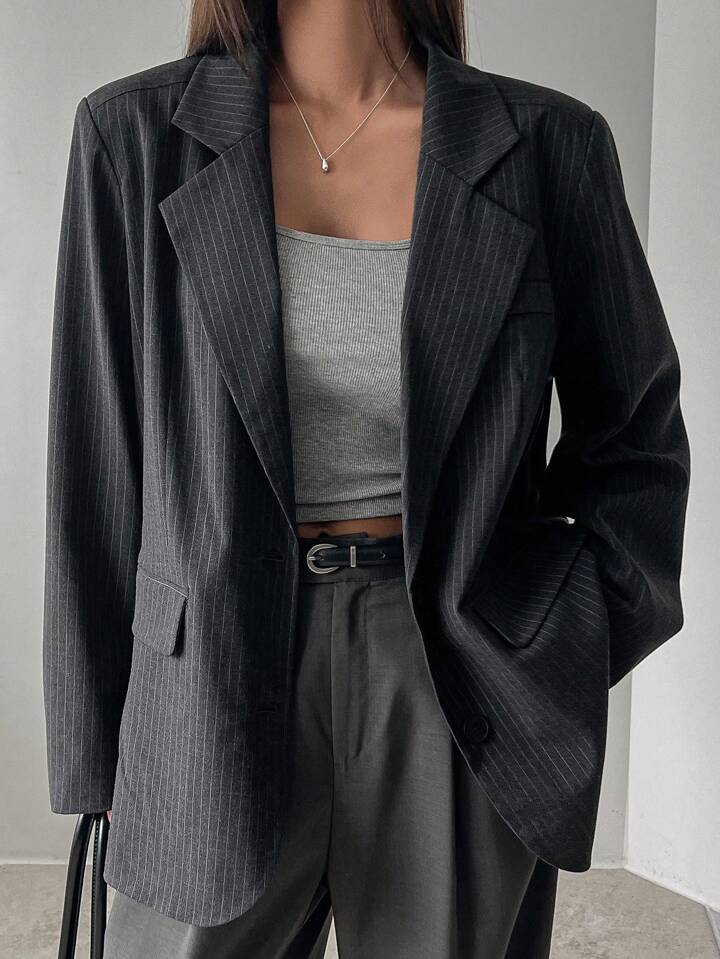 CM-CS910221 Women Elegant Seoul Style Striped Lapel Neckline Long Sleeve Suit Jacket - Gray