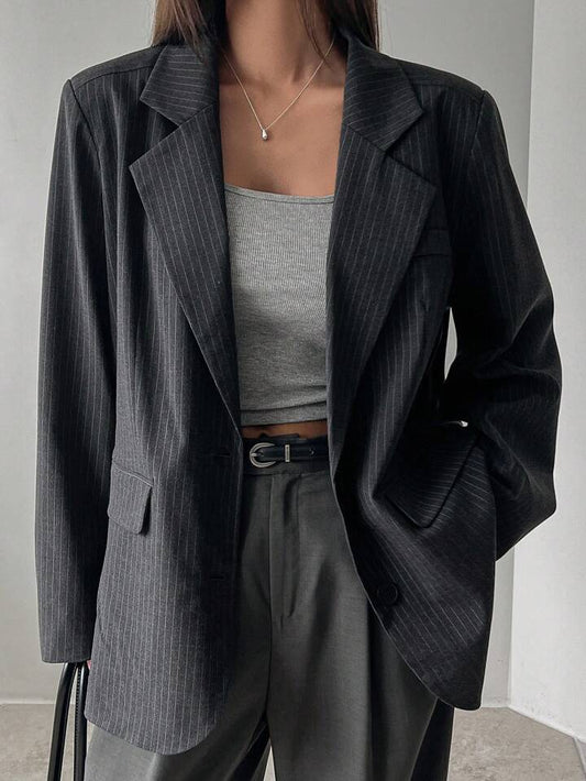 CM-CS910221 Women Elegant Seoul Style Striped Lapel Neckline Long Sleeve Suit Jacket - Gray