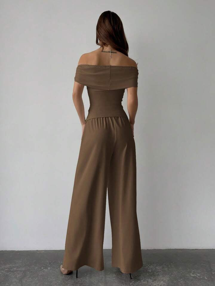 CM-SS444214 Women Elegant Seoul Style Off-Shoulder Pleated Top With Wide Leg Pants - Set