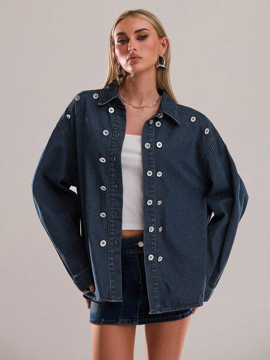 CM-CS944821 Women Casual Seoul Style Dark Wash Shirt Collar Long Sleeve Rivet Decor Denim Jacket
