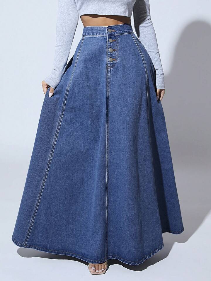 CM-BS749524 Women Casual Seoul Style Medium Wash High Waist Button Front Extra Long Denim Skirt